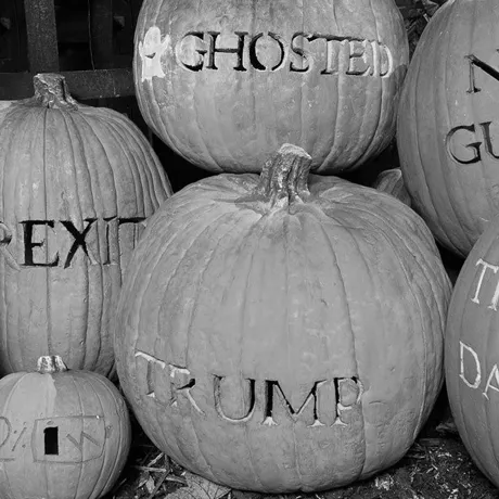 Carved pumpkins with phrases